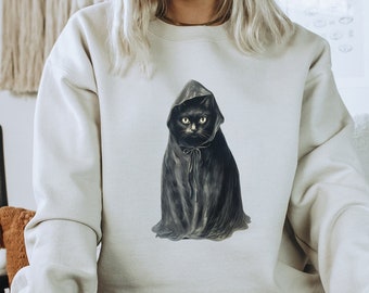 Halloween Sweatshirt, Halloween Sweater, Vintage Black Cat Sweatshirt, Ghost Shirt, Halloween Crewneck, Black Cat Shirt, Spooky Season