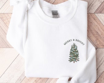 Sweat-shirt joyeux et lumineux, Sweat-shirt de Noël pour femmes, Chemise de sapin de Noël, Col d’équipage de Noël, Pull de Noël, Chemises de Noël