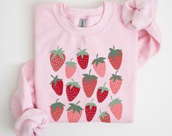 Sudadera de fresa, suéter floral, cuello redondo de fresa Cottage Core, ropa estética, sudadera botánica, camisa de frutas Kawaii