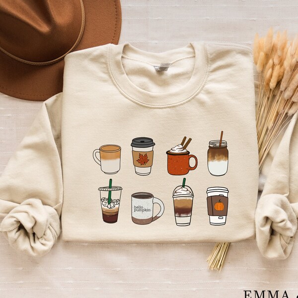 Moletom com especiarias de abóbora, camiseta para amantes de café no outono, gola redonda aconchegante para o outono, moletom unissex PSL, camiseta de abóbora, pulôver fofo para o outono