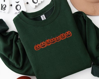Sudadera de Halloween bordada, camisa de calabaza, suéter de Halloween, sudadera de otoño, cuello redondo de Halloween, camisa Jack-o-Lantern, temporada espeluznante