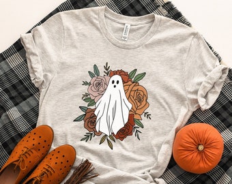 花柄ゴーストシャツ、ゴーストシャツ、ハロウィンシャツ、秋シャツ、不気味な季節シャツ、トリックオアトリート、ハロウィンパーティーシャツ、ハロウィン服