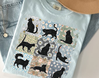 Black Cat Shirt, Floral Cat T-shirt, Cottage Core Cat Shirt, Wildflower Cat Tee, Funny Cat Shirt, Cat Mom, Kitty Shirt, Cat Lover Gift