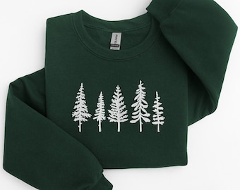 Geborduurd Pine Tree Sweatshirt, Natuurliefhebber Cadeau, Groenblijvende Bomen Sweatshirt, Wandelshirt, Camping Crewneck Sweatshirt, Bergshirt