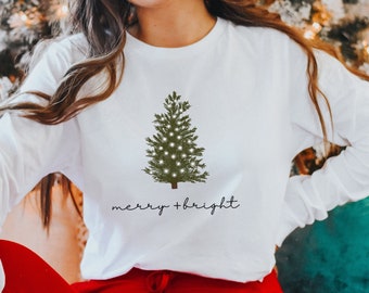 Tシャツ・カットソー Merry Xmas Tree Short Sleeve T Shirt (2color) Merry Christmas Shirt | White Silhouette Christmas Tree