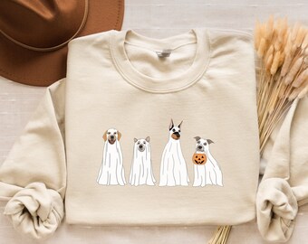 ハロウィン スウェットシャツ、ハロウィン セーター、ゴースト スウェットシャツ、ハロウィン ドッグ スウェットシャツ、ゴースト ドッグ シャツ、ハロウィン クルーネック、不気味な季節