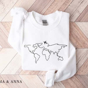 Carte du monde Sweat-shirt de voyage, Col d’équipage unisexe, Pull d’aventure, Chemise de voyage en voiture, Cadeau de voyageur, Chemise Wanderlust