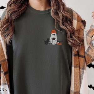 Embroidered Ghost Shirt, Comfort Colors Halloween Shirt, Black Cat, Fall Shirt for Women, Halloween Crewneck, Ghost Shirt, Spooky Season