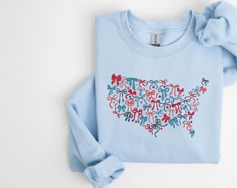Retro VS-sweater, vrouwen VS-sweater met ronde hals, Coquette Bow Fourth of July-shirt, USA-shirt, Amerika-sweater, 4 juli-shirt