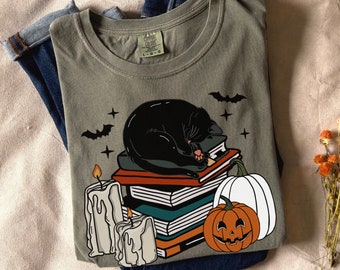 Shirt comfort kleuren Halloween, shirt Halloween, shirt zwarte kat, shirt zwarte kat, boek shirt, herfst dames shirts, shirt kat moeder, cadeau boekenliefhebber