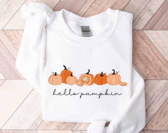 Moletom feminino de outono, moletom de Ação de Graças, Hello Pumpkin, moletom com especiarias de abóbora, gola redonda de outono, suéter de outono, moletom de abóbora
