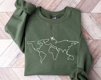 World Map Travel Sweatshirt, Unisex Crewneck, Adventure, Explore, Sweater, Road Trip, Gift for Traveler, Wanderlust Shirt, Gift for Hiker