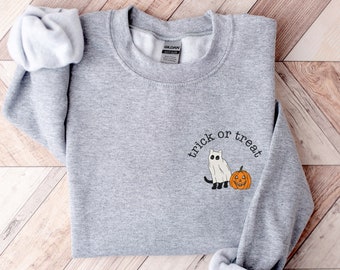 Halloween Crewneck Sweatshirt, Trick or Treat Shirt, Black Cat Sweatshirt, Ghost Sweatshirt, Halloween Sweater, Jack-o-Lantern Sweatshirt