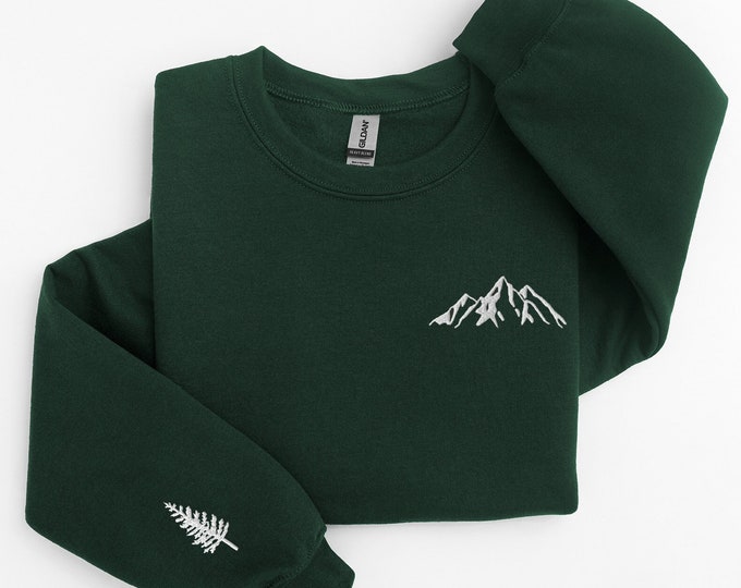 Embroidered Mountain Sweatshirt, Nature Lover Gift, Pine Trees Sweatshirt, Hiking Shirt, Camping Crewneck Sweatshirt, Mountain Sweater
