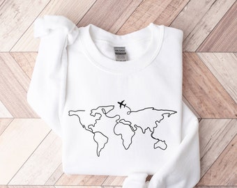 World Map Travel Sweatshirt, Unisex Crewneck, Adventure Sweater, Road Trip Shirt, Traveler Gift, Wanderlust Shirt