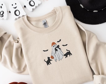 Embroidered Ghost Sweatshirt, Halloween Sweatshirt, Black Cat, Fall Sweatshirt for Women, Halloween Crewneck, Ghost Shirt, Spooky Season