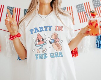 Fiesta en la camisa de EE. UU., Camisa retro del 4 de julio, Camiseta de colores cómodos, Camisa patriótica, Camiseta gráfica divertida, Camisa de EE. UU., Camisa de América