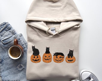 Halloween Hoodie, Black Cat Sweatshirt, Halloween Pullover, Halloween Sweater, Fall Sweatshirt, Cat Lover, Fall Hoodie, Pumpkin Sweatshirt