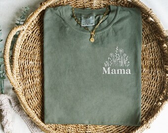 Embroidered Floral Mama Shirt, Mothers Day Gift, Comfort Colors Mama Tshirt, Birthday Gift for Her, Baby Shower Gift, Christmas Gift for Mom