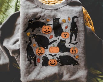 Comfort Colors Halloween Black Cat Sweatshirt, Cozy Halloween