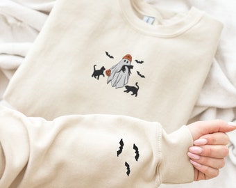 Embroidered Ghost Sweatshirt, Embroidered Halloween Sweatshirt, Fall Sweatshirt, Halloween Crewneck, Ghost Shirt, Black Cat Sweatshirt
