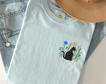 Embroidered Cat Shirt, Black Cat Shirt, Gift for Cat Lover, Cat Mom Shirt, Floral Cat Shirt, Cat Lover T-shirt, Cat Tee, Oversized Shirt