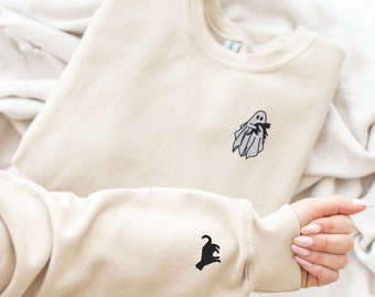 Embroidered Ghost Sweatshirt, Halloween Sweatshirt, Black Cat, Fall Sweatshirt for Women, Halloween Crewneck, Ghost Shirt, Spooky Season