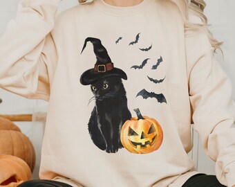 Cat Halloween Sweatshirt, Ghost Cat Shirt, Halloween Sweater, Halloween Cat  Shirt, Cat Lover Shirt, Black Cat Shirt, Spooky Season