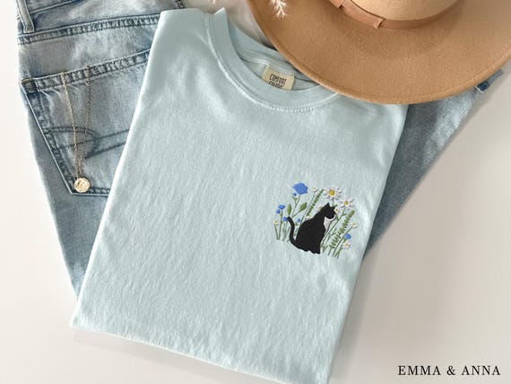 Embroidered Cat Shirt, Black Cat Shirt, Gift for Cat Lover, Cat Mom Shirt, Floral Cat Shirt, Cat Lover T-shirt, Cat Tee, Oversized Shirt