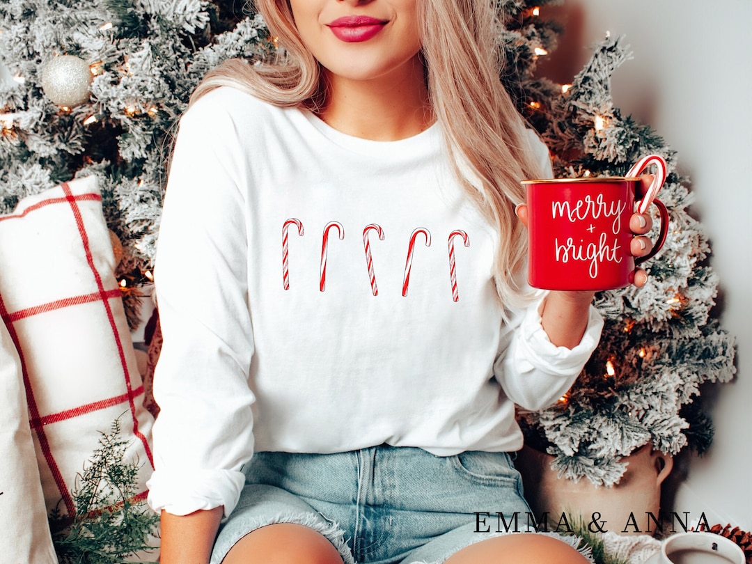 Candy Cane Shirt, Christmas Shirts for Women, Long Sleeve Christmas
