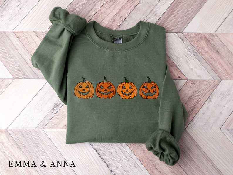 Pumpkin Sweatshirt, Pumpkin Sweater, Jack-o-Lantern Sweatshirt, Halloween Crewneck Sweatshirt, Halloween Sweater, Spooky Season, Fall Shirts Military Green