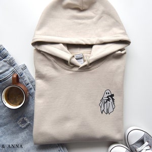 Embroidered Ghost Hoodie, Halloween Sweatshirt, Black Cat, Fall Hoodies for Women, Halloween Crewneck, Cute Ghost Shirt, Spooky Season