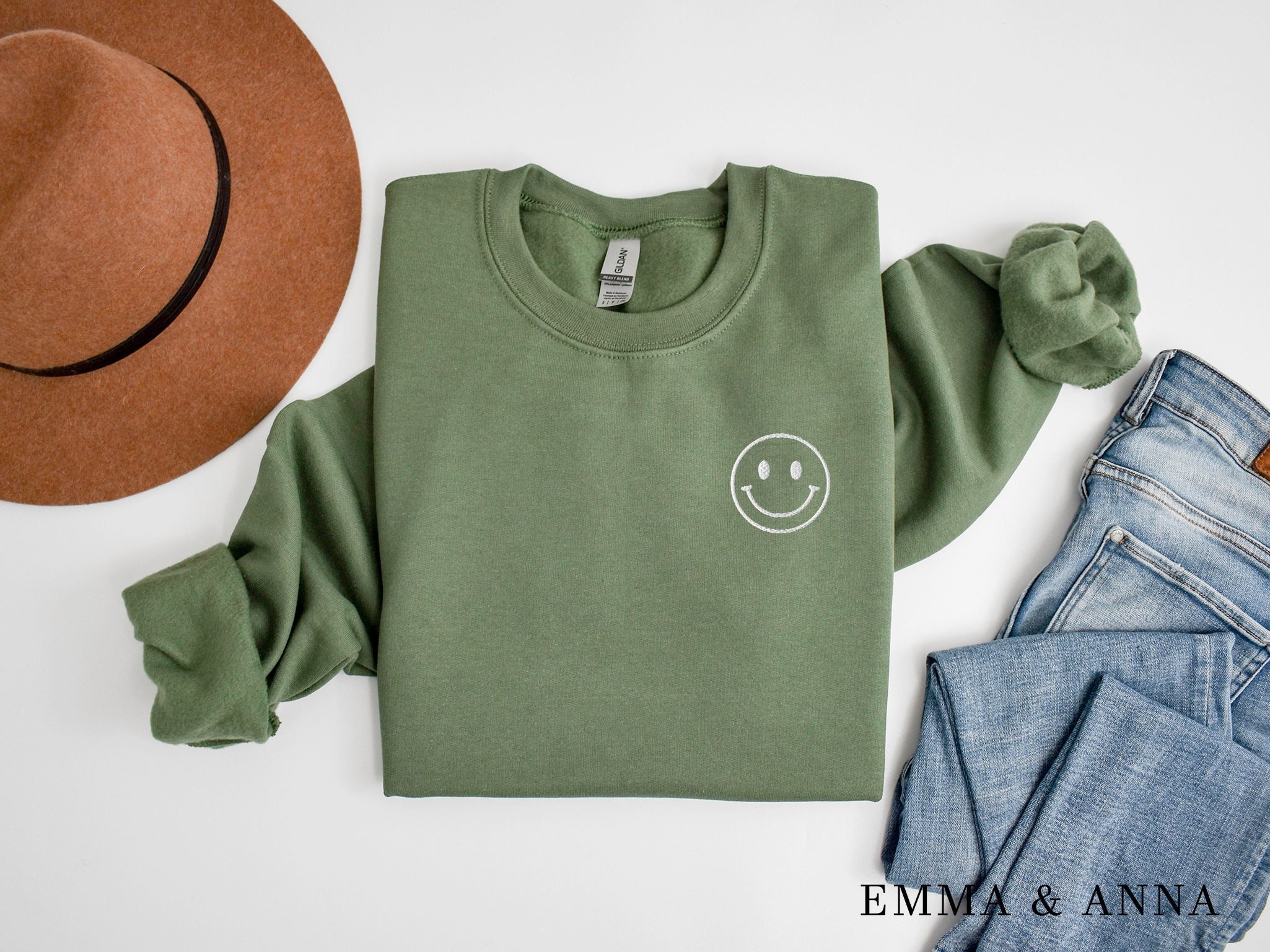 Embroidered Smiley Face Sweatshirt, Happy Face Crewneck