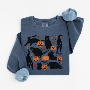 May include: A blue-grey sweatshirt featuring a Halloween design. The graphic includes black cats, orange pumpkins, and autumn leaves. The sweatshirt has a crew neck and long sleeves with rolled cuffs. The design is centered on the front of the shirt.