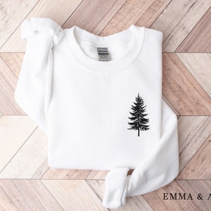 Pine Tree Sweatshirt, Evergreen Trees, Travel Sweatshirt, Gift for Nature Lover, Camping, Hiking Shirt, Nature Crewneck Sweatshirt for Women White