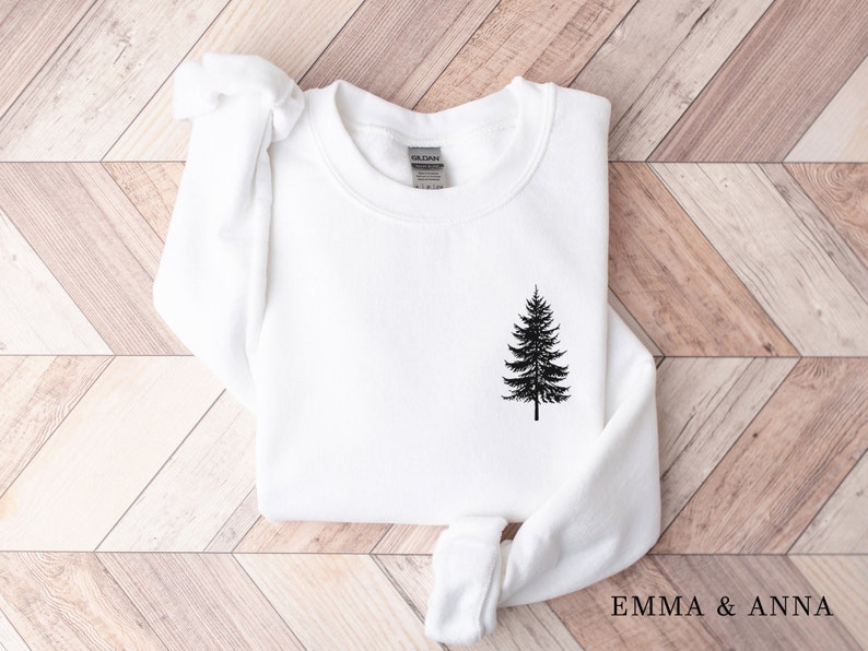 Pine Tree Sweatshirt, Evergreen Trees, Travel Sweatshirt, Gift for Nature Lover, Camping, Hiking Shirt, Nature Crewneck Sweatshirt for Women White
