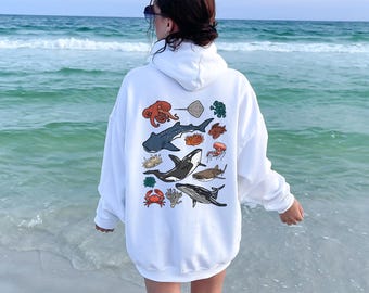 Underwater Sea Animal Words on Back Sweatshirt or Hoodie, Ocean Life Sweatshirt, Beach Hoodie, Save The Shark, Oversize Hoodie, Animal Lover