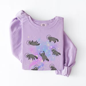 May include: A lilac-colored sweatshirt featuring a crew neck and long sleeves. The front of the shirt displays a design of cartoon raccoons wearing space helmets, set against a backdrop of a colorful galaxy.