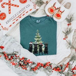 May include: A teal blue t-shirt with a Christmas tree and three black dogs wearing Santa hats. The dogs are standing in front of the tree. The t-shirt is surrounded by a white blanket, a red and white candy cane pillow, and a garland of holly.