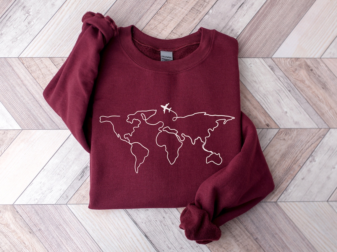 World Map Travel Sweatshirt Unisex Crewneck Adventure Maroon