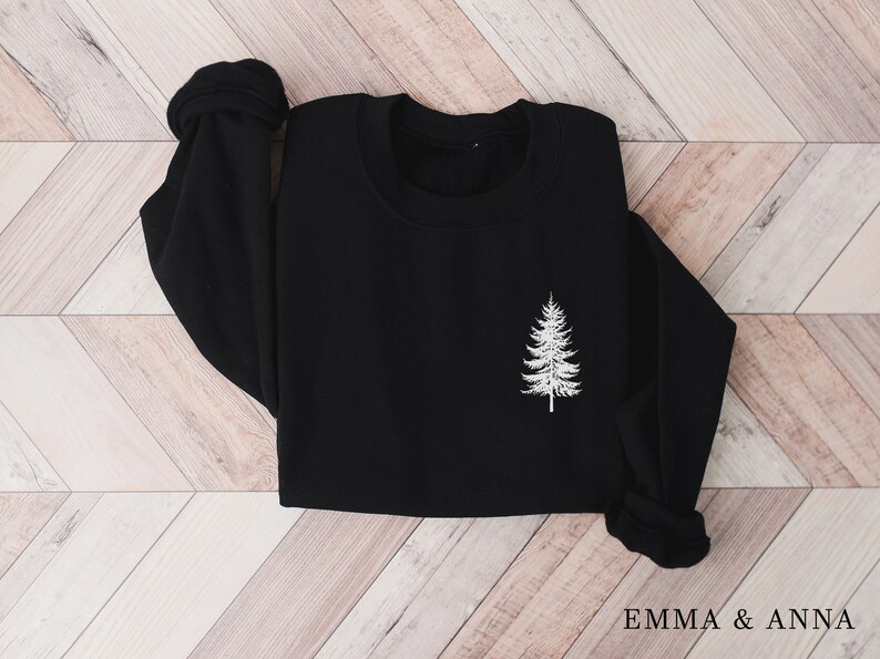 Pine Tree Sweatshirt, Evergreen Trees, Travel Sweatshirt, Gift for Nature Lover, Camping, Hiking Shirt, Nature Crewneck Sweatshirt for Women Black