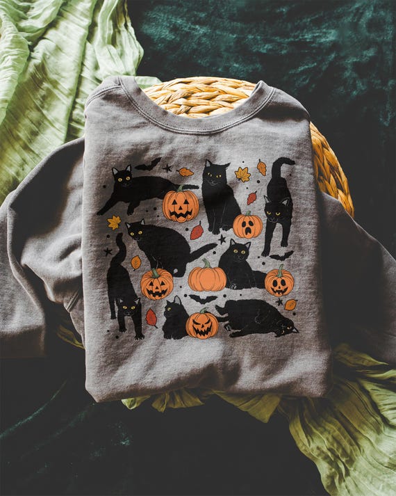 Comfort Colors Halloween Black Cat Sweatshirt, Cozy Halloween Sweatshirt, Pumpkin Fall Cat Sweater, Cat Lover Gift, Cute Halloween Cat Shirt