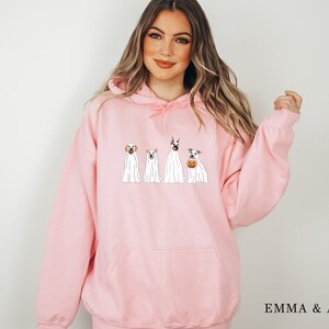 May include: Pink hooded sweatshirt with a graphic of four dogs dressed as ghosts for Halloween. The text "EMMA & ANNA" is printed on the bottom right corner of the sweatshirt.