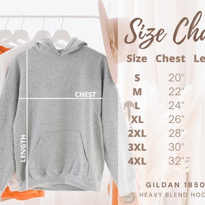 May include: Size chart for a grey hooded sweatshirt with a pocket. The chart shows chest and length measurements in inches for sizes S to 4XL. The text "GILDAN 18500 HEAVY BLEND HOODIE" is at the bottom of the chart.