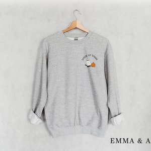 May include: A gray sweatshirt with the text "trick or treat" and a ghost and pumpkin graphic.