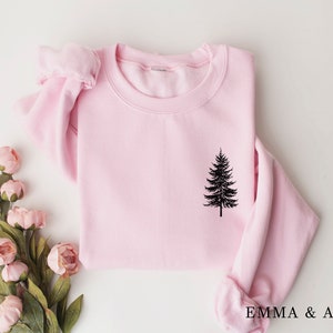 Pine Tree Sweatshirt, Evergreen Trees, Travel Sweatshirt, Gift for Nature Lover, Camping, Hiking Shirt, Nature Crewneck Sweatshirt for Women Light Pink