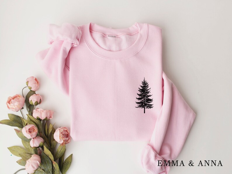 Pine Tree Sweatshirt, Evergreen Trees, Travel Sweatshirt, Gift for Nature Lover, Camping, Hiking Shirt, Nature Crewneck Sweatshirt for Women Light Pink