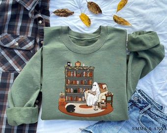 Retro Ghost Reading Books Sweatshirt, Librarian Ghost Halloween, Halloween Teacher Sweatshirt, Halloween Shirt, Teacher Gift, Boo School