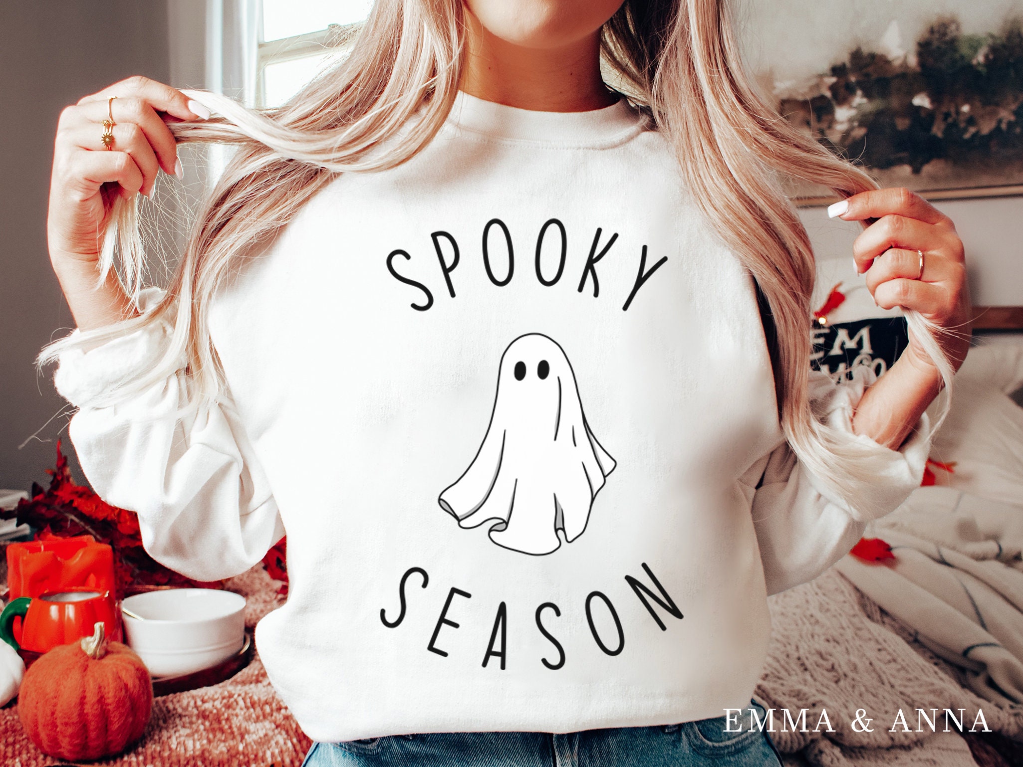 Felpa Fantasma Di Halloween Per Donna, Ricamata, Maniche Lunghe, Morbida Misto Cotone, Scritta Spooky, Autunno - 4