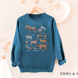 May include: A teal blue sweatshirt with a graphic print of various forest animals, including a moose, wolf, deer, fox, bear, raccoon, squirrel, chipmunk, badger, and hedgehog. The animals are labeled with their names.